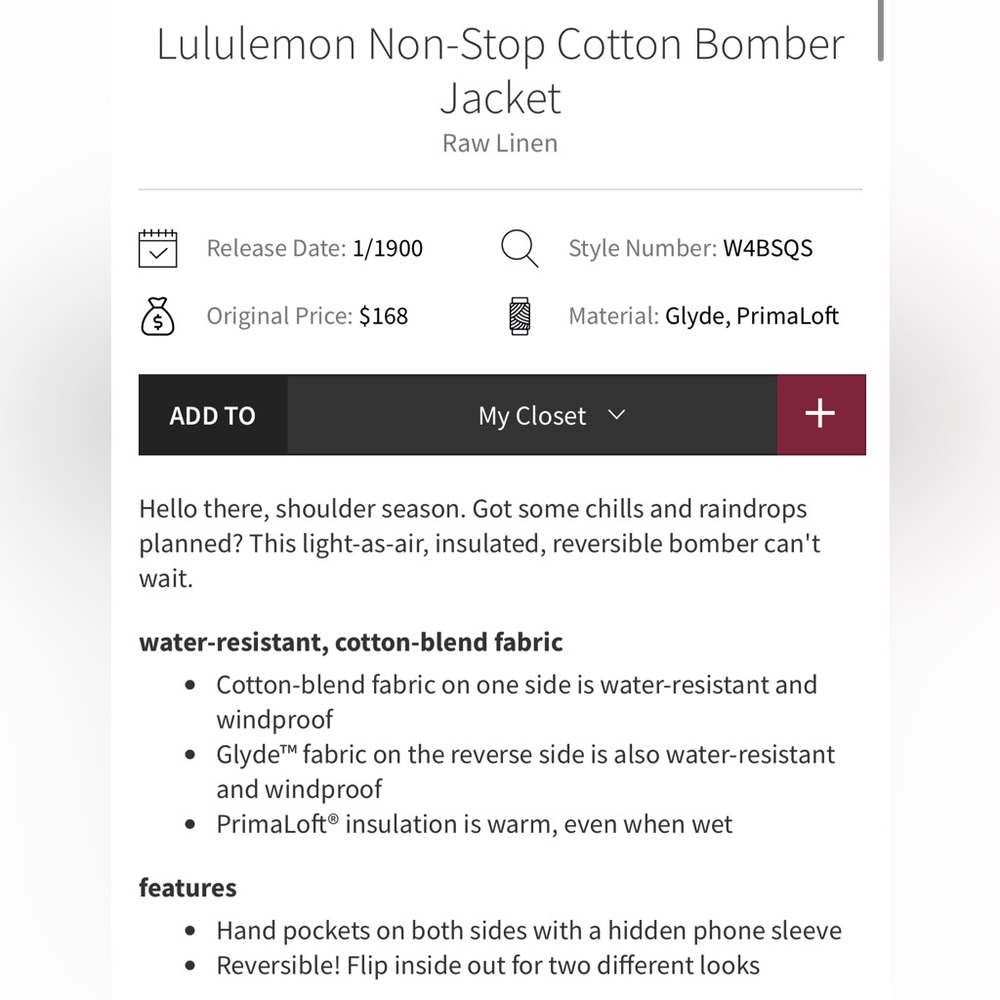 NWOT Lululemon Non-Stop Cotton Bomber Jacket, size 10, raw linen - Picture 13 of 13